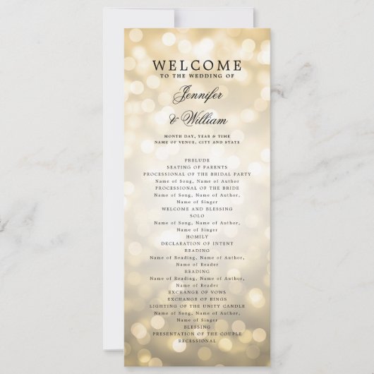 Klassisches Script Wedding Program Gold Bokeh Ligh Einladung (Vorderseite)