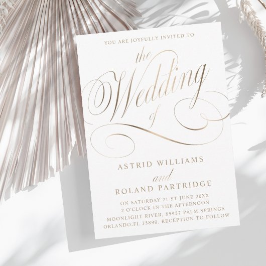 Klassisches Script White & Imitate Gold Wedding Einladung