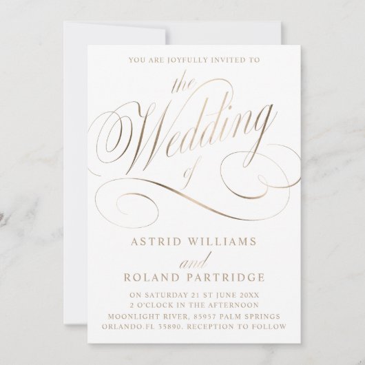 Klassisches Script White & Imitate Gold Wedding Einladung (Vorderseite)