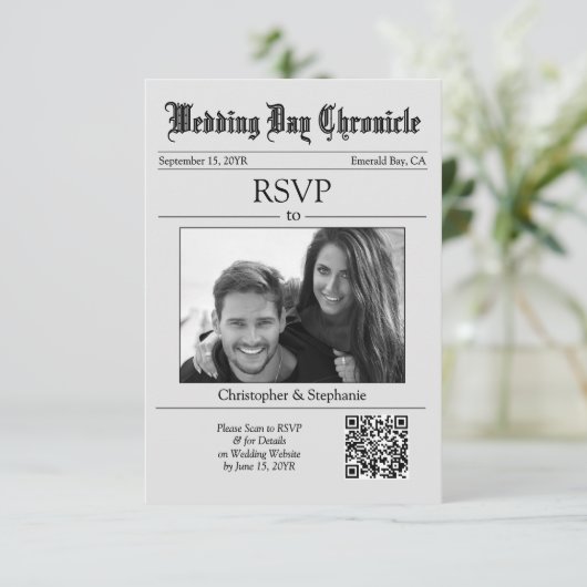 Klassisches Skript 1 Foto QR-Code Grau Zeitung RSVP Karte (Stehend Vorderseite)