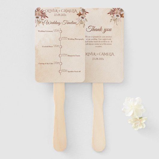 Klassisches Skript BOHO Hochzeitsprogramm und Zeit Fächer (Vorne und Hinten)