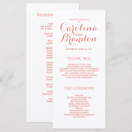 Klassisches Skript | Coral Pink Hochzeitsprogramme Programm (Vorne/Hinten)