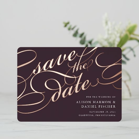 Klassisches Skript Save the Date Folieneinladung (Stehend vorne)