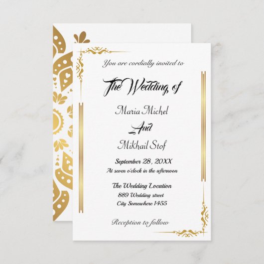 Klassisches Skript und Eastern Gold Motif Einladung (Vorne/Hinten)
