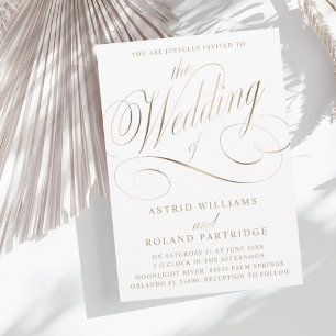 Klassisches Skript Weiß & Faux-Gold-Hochzeit Einladung