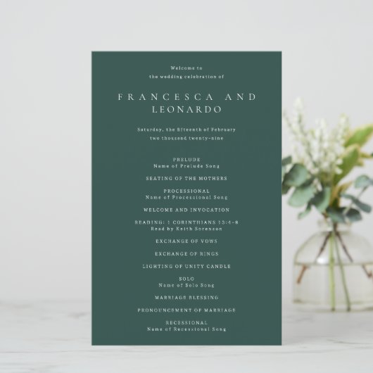 Klassisches Smaragdgrün Einfaches Hochzeitsprogram (Stehend Vorderseite)