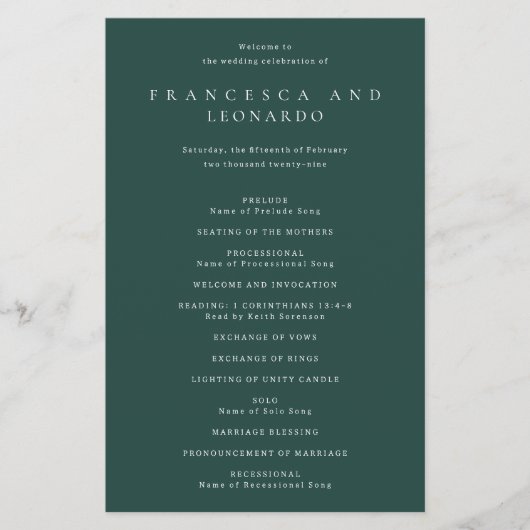 Klassisches Smaragdgrünes Einfaches Hochzeitsprogr Flyer (Vorne)