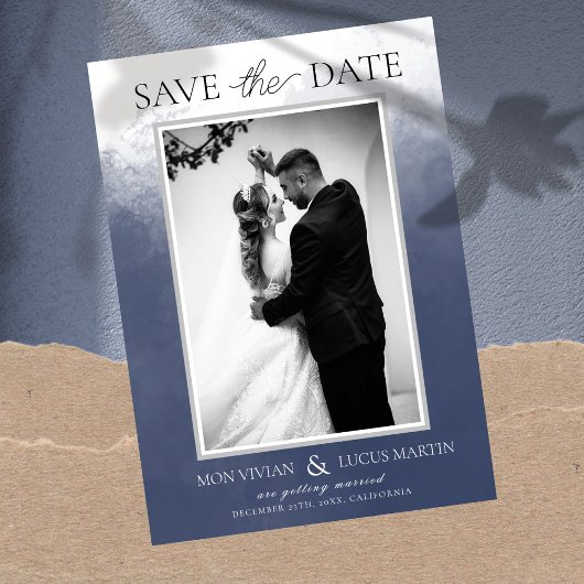 Klassisches Smokey Navy Blue Foto Save the Date Einladung