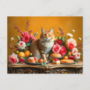 Klassisches Stilleben mit Katze und Naturreichtum Postkarte
