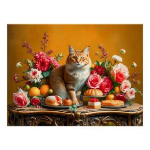 Klassisches Stillleben mit Katze und Natur Poster