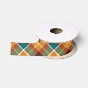 Klassisches Teal Blau Grün Orange Tartan Muster Satinband