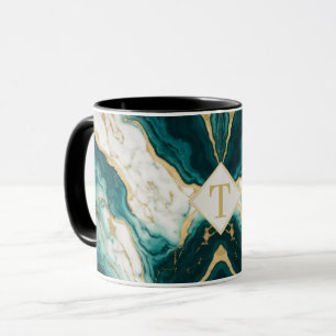 Klassisches Teal- und Goldmarmor-Letter T Tasse