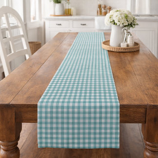 Klassisches Teal- und Weiß-Gingham-Muster Farmhous Kurzer Tischläufer