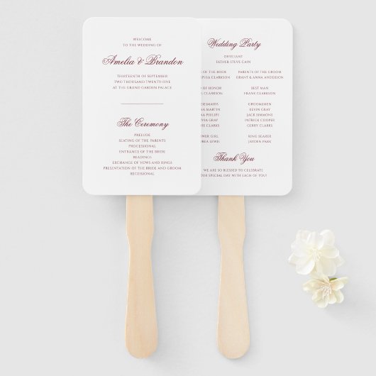Klassisches tiefes Burgunderrot-Script-Hochzeitspr Fächer (Vorne und Hinten)