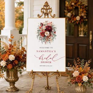 Klassisches tiefrotes florales Herbst-Brautabschie Poster