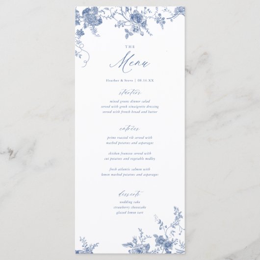 Klassisches Toile Blue Floral Wedding Table Menu Menükarte (Vorderseite)