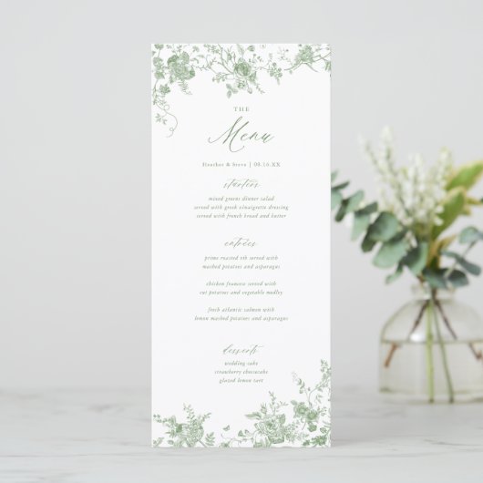 Klassisches Toile Green Floral Wedding Table Menu Menükarte (Stehend Vorderseite)