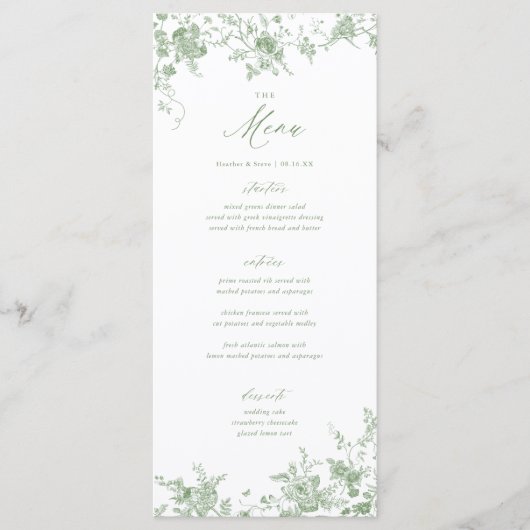 Klassisches Toile Green Floral Wedding Table Menu Menükarte (Vorderseite)