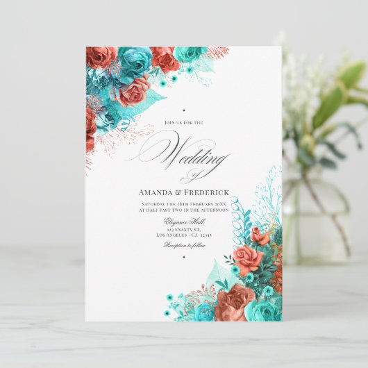 Klassisches türkisfarbenes Foto mit Korallenblumen Einladung (Stehend Vorderseite)