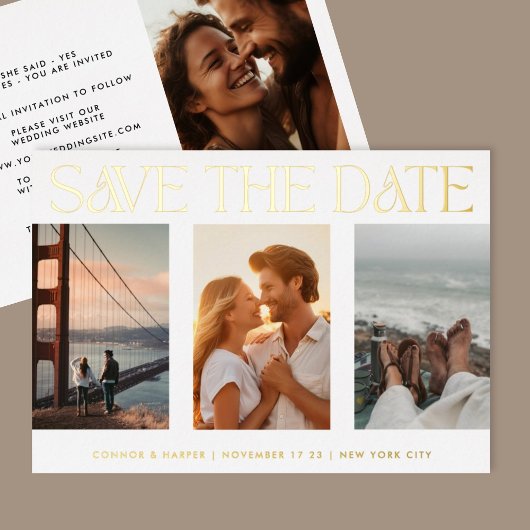 Klassisches Vier-Foto-Save the Date Gold Folieneinladung