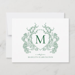 Klassisches Vintage grünes florales Wappen Monogra Mitteilungskarte