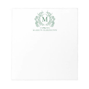 Klassisches Vintage grünes florales Wappen Monogra Notizblock