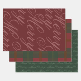 Klassisches Vintage-Rot-Grün-Script Merry Geschenkpapier Set