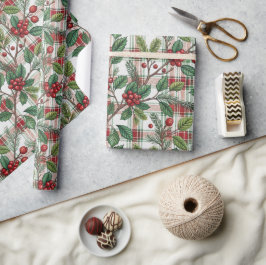 Klassisches Vintage-Weihnachtskariert- und Stechpa Geschenkpapier