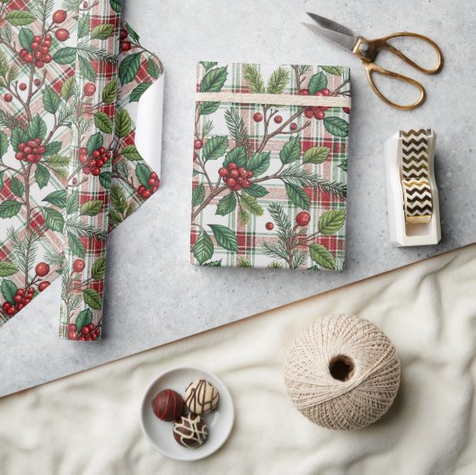 Klassisches Vintage-Weihnachtskariert- und Stechpa Geschenkpapier (Kunsthandwerk)