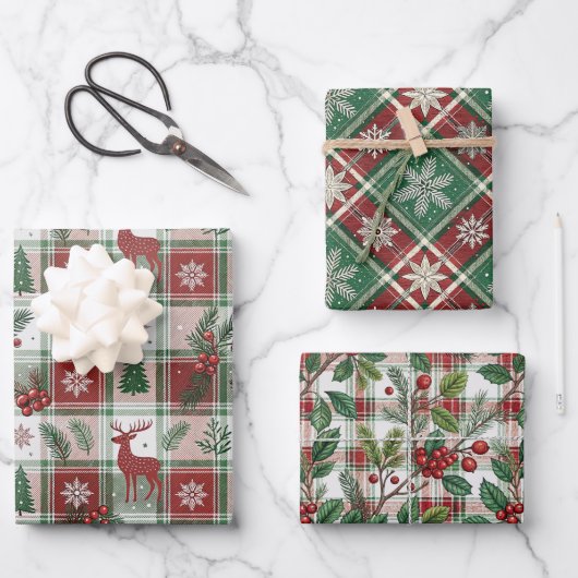 Klassisches Vintage-Weihnachtskariert- und Stechpa Geschenkpapier Set (Vorderseite)