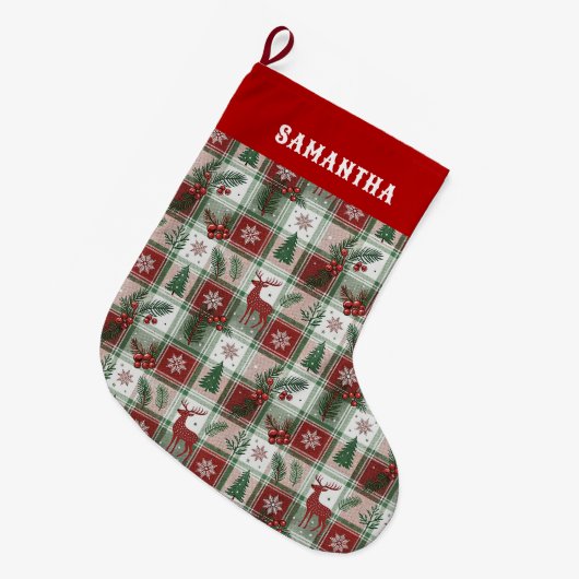Klassisches Vintage-Weihnachtskariert- und Stechpa Großer Weihnachtsstrumpf (Vorderansicht (hängend))
