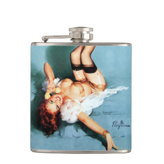 Klassisches Vintages Button-Up-Girl-On der 50er Ja Flachmann