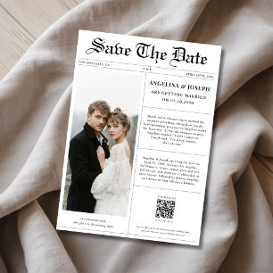 Klassisches Vintages QR-Code-Zeitung-Hochzeitsszen Save The Date