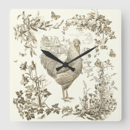 Klassisches Vintages Rooster Beige Blumenschmuck Quadratische Wanduhr