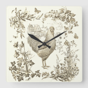 Klassisches Vintages Rooster Beige Blumenschmuck Quadratische Wanduhr