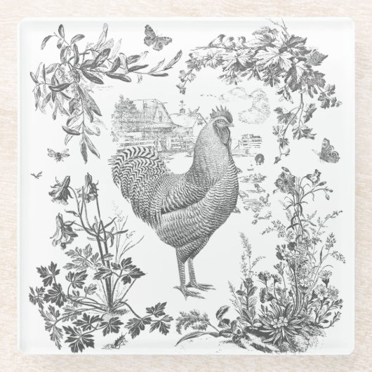 Klassisches Vintages Rooster Gray Floral Toile Glasuntersetzer (Vorderseite)