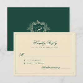 Klassisches Wappen-Monogramm Smaragdgrüne Hochzeit RSVP Karte