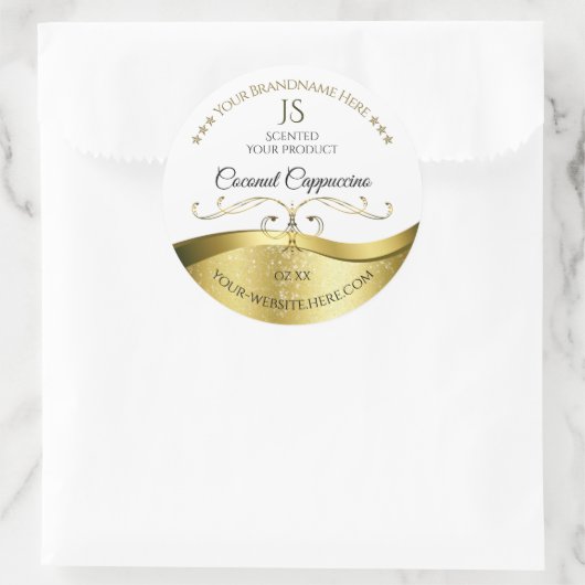 Klassisches Wavy Gold Dekor, helles weißes Monogra Runder Aufkleber (Tasche)