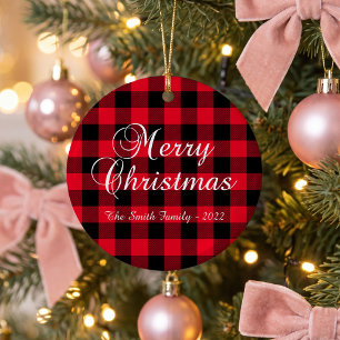 Klassisches Weihnachts-Rot-Büffel-Karo-Familienfot Keramik Ornament