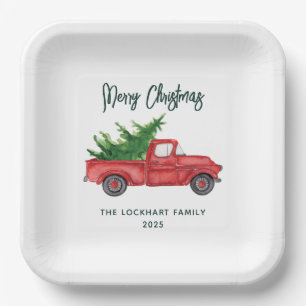 Klassisches Weihnachts-Rot-LKW-Script-Feiertags-Pe Pappteller