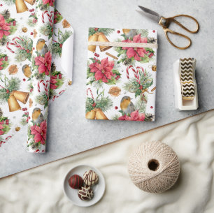 Klassisches Weihnachtsgoldglocken & Vogelmuster Geschenkpapier