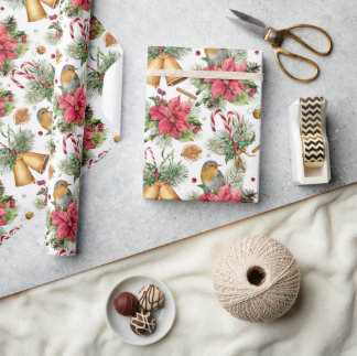 Klassisches Weihnachtsgoldglocken & Vogelmuster Geschenkpapier