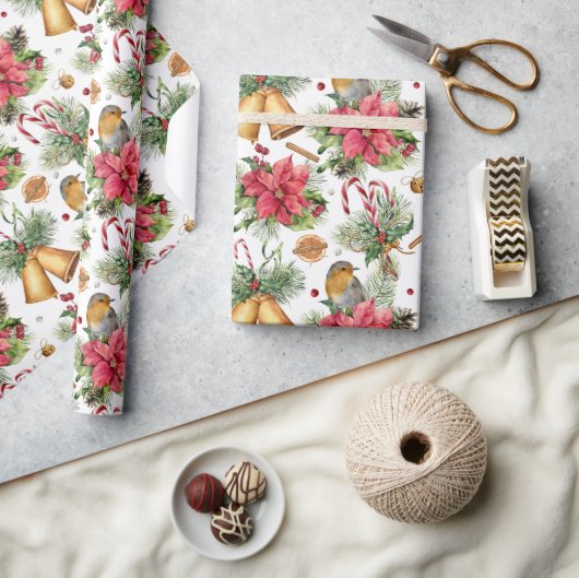 Klassisches Weihnachtsgoldglocken & Vogelmuster Geschenkpapier (Kunsthandwerk)