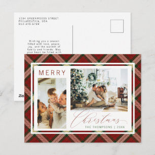Klassisches Weihnachtsgrün Gingham Karo Zwei Foto Feiertagspostkarte