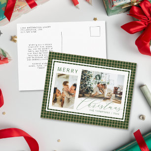 Klassisches Weihnachtsgrün Gingham Karo Zwei Foto Feiertagspostkarte