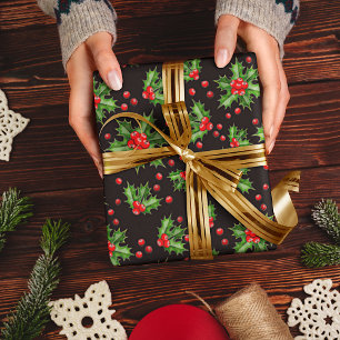 Klassisches Weihnachtsgrün-Stechpalmen-Rotbeeremus Geschenkpapier