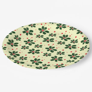 Klassisches Weihnachtspapier mit Stechpalmenblätte Pappteller