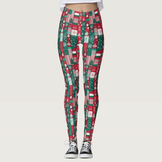Klassisches Weihnachtswrapping Papier Muster Red G Leggings (Vorderseite)