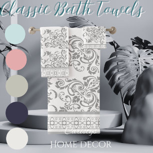 Klassisches Weiß mit grauem Schnörkel Handtuch Badhandtuch Set