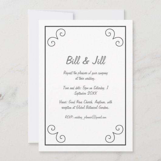 Klassisches Weiß mit schwarzem Scroll Border Weddi Einladung (Vorderseite)